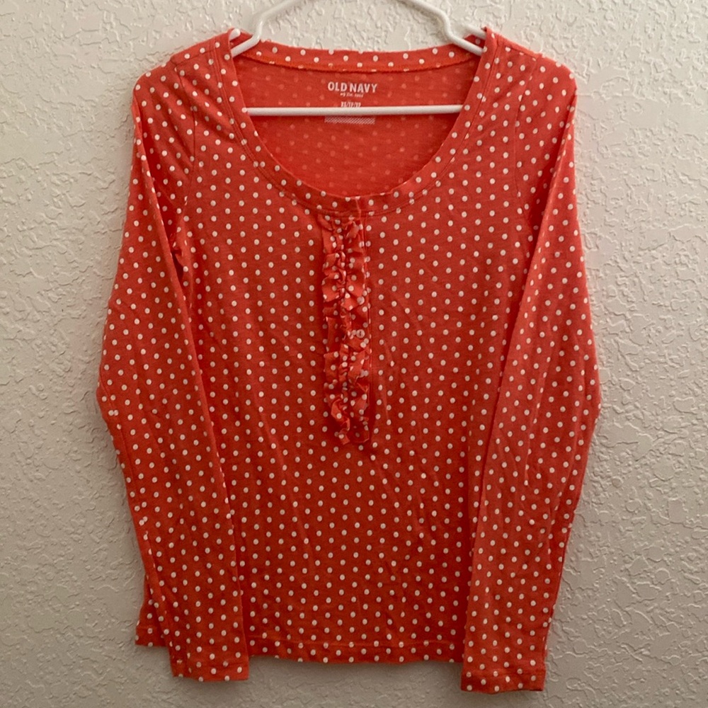 Woman’s long sleeve pull over blouse, orange with white polka dots, size XS